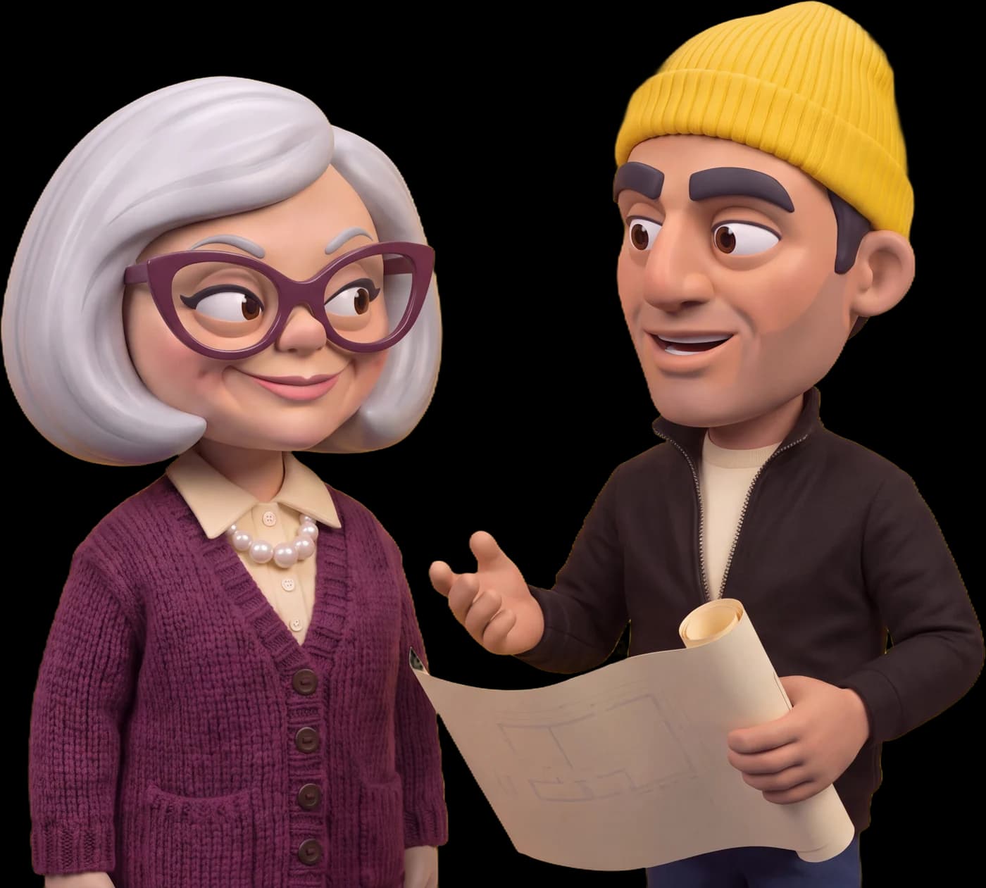 Bridget and Dev, two animated characters, looking over a set of site plans